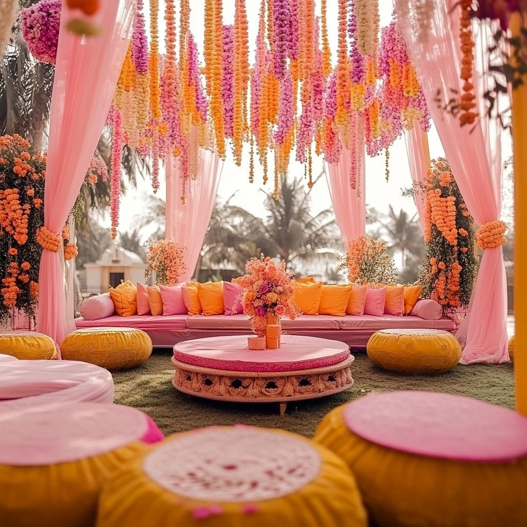 Marigold and pink floral canopy over a haldi lounge