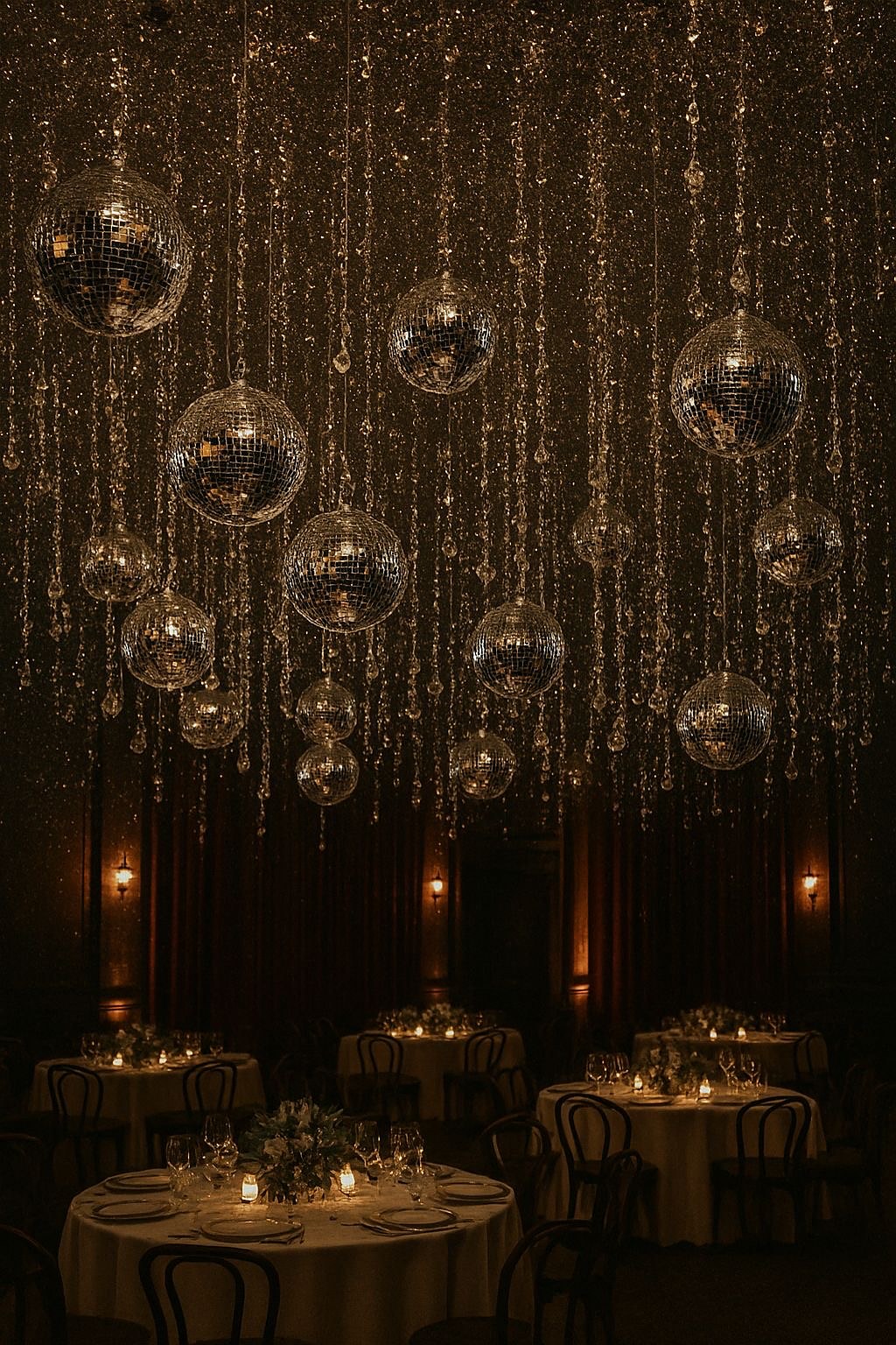 Mirror balls and crystal strands above candlelit tables