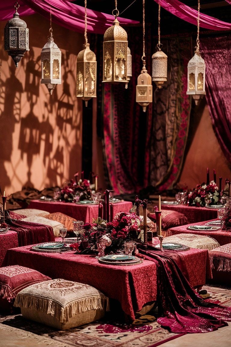 Lantern-lit wedding setting in deep red and magenta